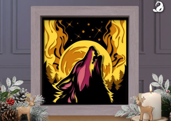3D Wolf Howling Moon Shadow Box SVG: Bringing the Wild Indoors