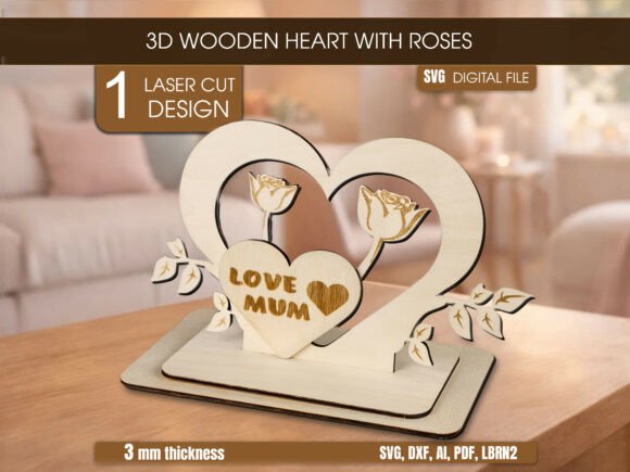 Crafting Emotion: The Art of the 3D Wooden Heart with Roses Laser Cut Design