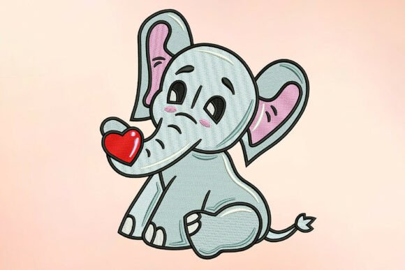 Shy Elephant with Heart Embroidery Design