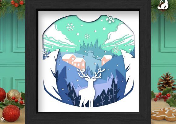 Snowy Winter Village 3D Shadowbox SVG